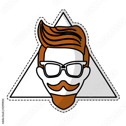 sticker of man face with mustache and glasses over triangular frame and white background. hispter style concept. colorful design. vector illustration