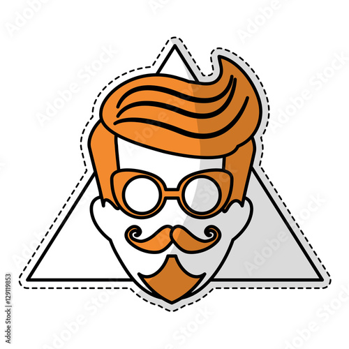 sticker of man face with mustache and glasses over triangular frame and white background. hispter style concept. colorful design. vector illustration