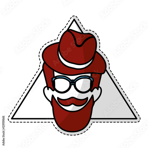 sticker of man face with mustache and glasses over triangular frame and white background. hispter style concept. colorful design. vector illustration