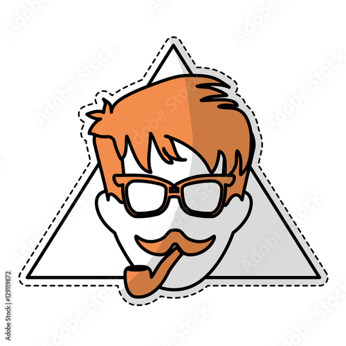 sticker of man face with mustache and glasses over triangular frame and white background. hispter style concept. colorful design. vector illustration