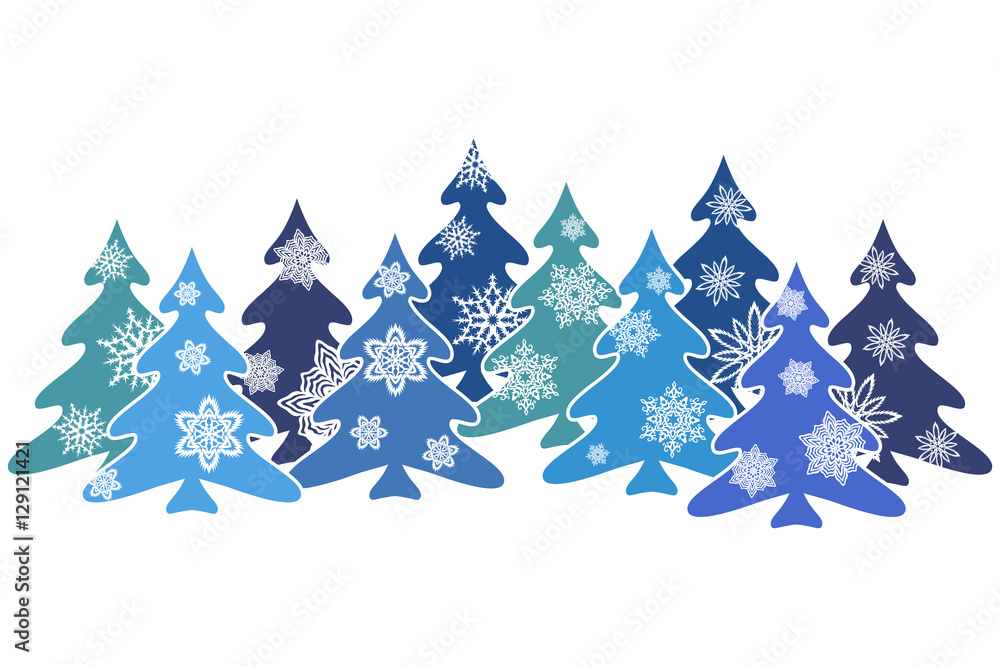 blue firs decorated with snowflakes