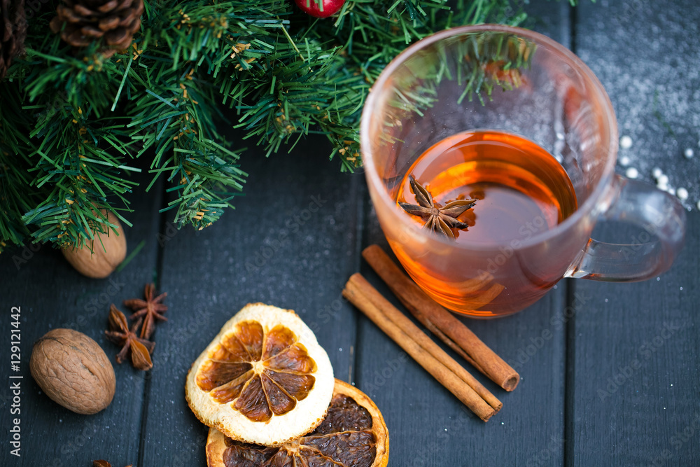Christmas decoration with mandarines, gifts, cinnamon, anise sta Christmas decoration with mandarines, gifts, cinnamon, anise sta