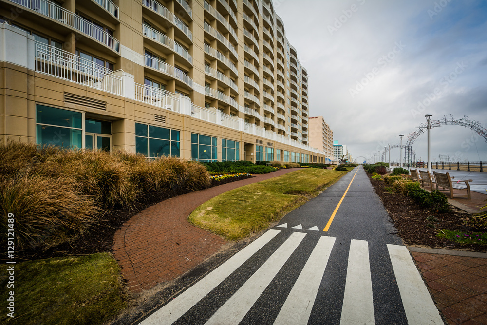 Bike path and highrise hotels along the boardwalk in Virginia Be