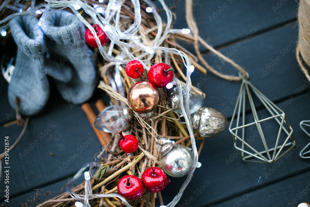 Christmas decoration with fir and pinecone on wooden board Christmas decoration with fir and pinecone on wooden board
