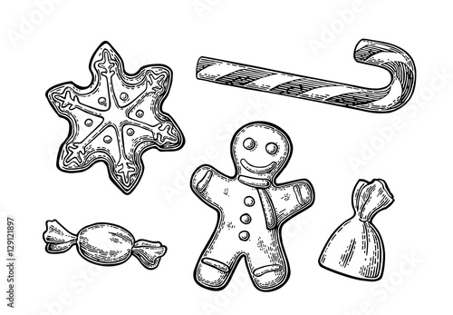 Gingerbread man, star, candy cane.