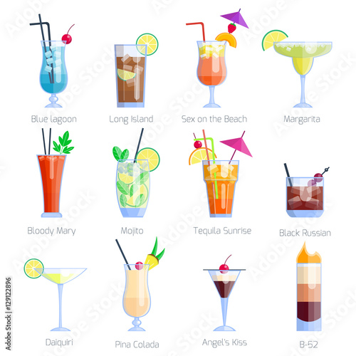 Set of alcoholic cocktails isolated on white background.