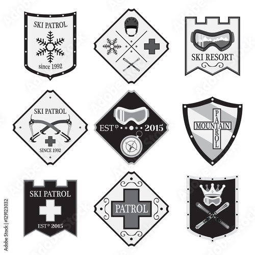 Set of ski logos, ski patrol, rental in flat style. Mountain first aid.