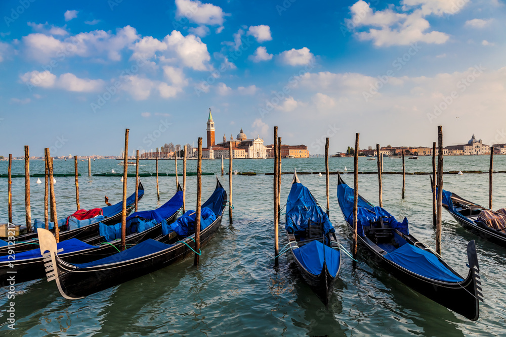 Gondolas and San Giorgio Maggiore Island, Venice, Italy