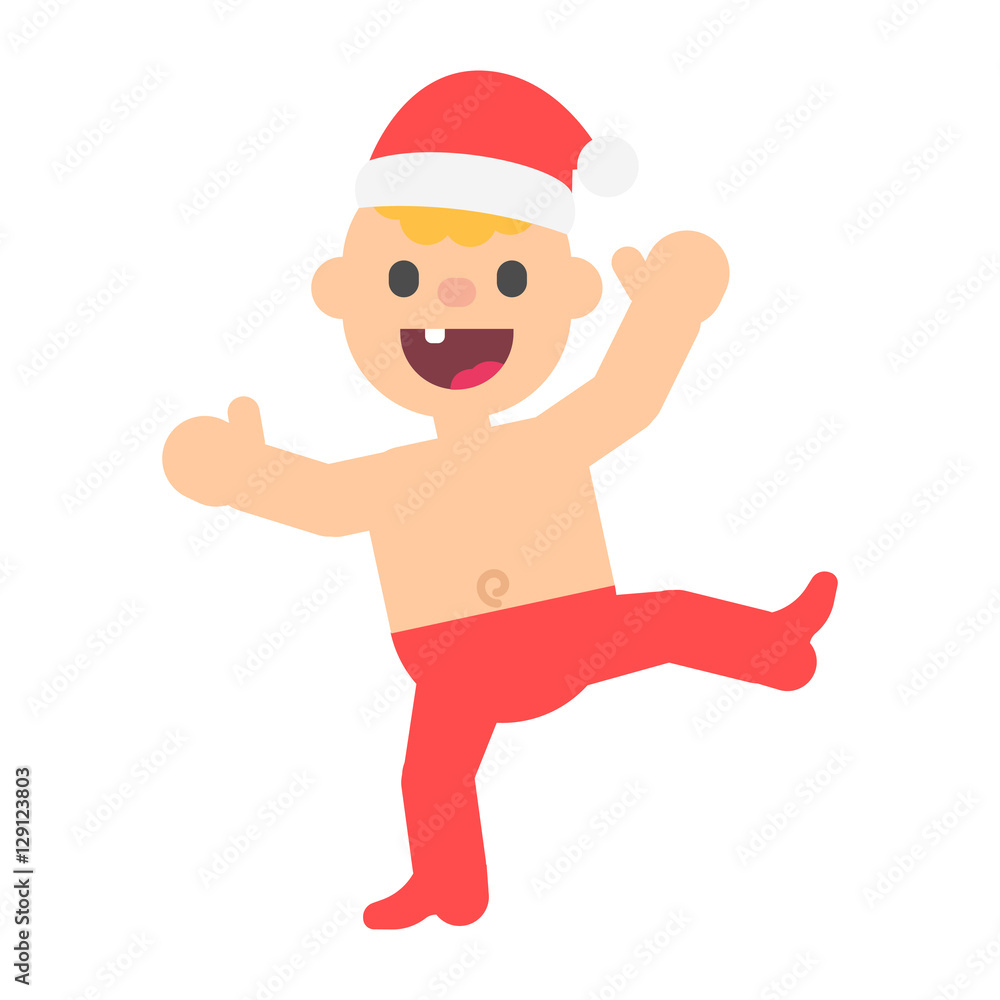 Cartoon happy baby boy in christmas santa hat, cheerfully dancing. Vector kid in flat style illustration isolated on white background. Cartoon happy baby boy in christmas santa hat, cheerfully dancing. Vector kid in flat style illustration isolated on white background.