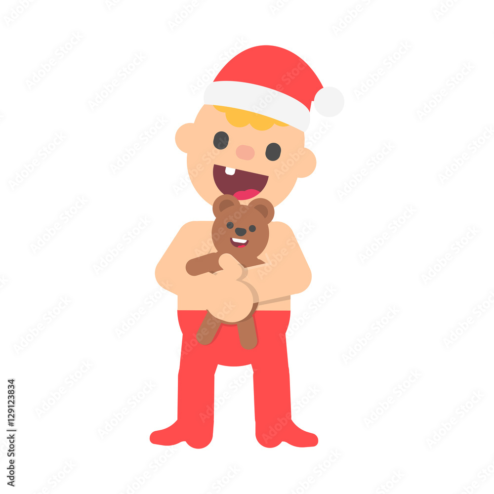 Cartoon happy baby boy in christmas santa hat, with toy Teddy bear. Vector kid in flat style illustration isolated on white background. Cartoon happy baby boy in christmas santa hat, with toy Teddy bear. Vector kid in flat style illustration isolated on white background.