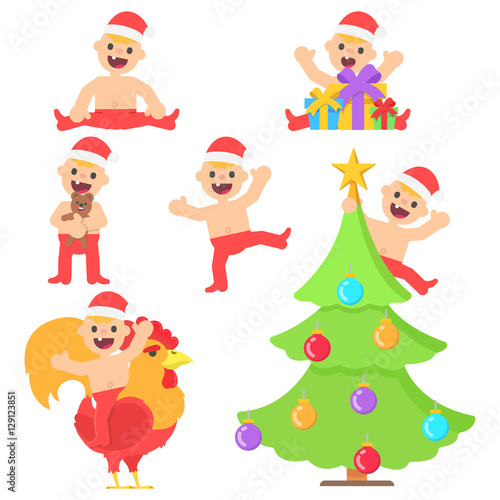 Set with cartoon happy baby boy in christmas santa hat in different poses. Vector kid in flat style illustration isolated on white background.