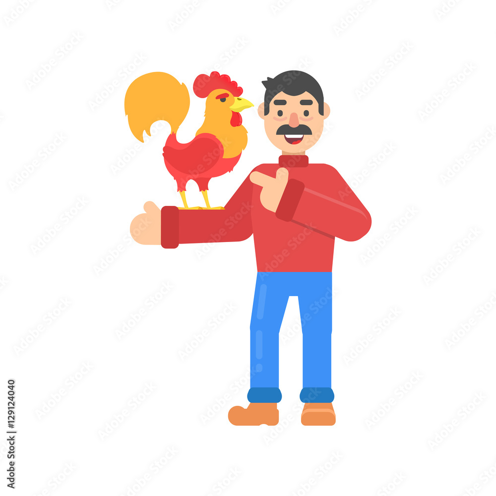 Funny christmas character with mustache, with cock in hand in flat style. Vector christmas cheerful man for web. Funny christmas character with mustache, with cock in hand in flat style. Vector christmas cheerful man for web.