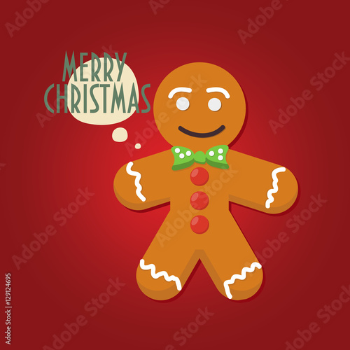 Smiling Gingerbread man with bow tie on. Speech Bubble "Merry Christmas". Traditional Christmas Gingerbread.