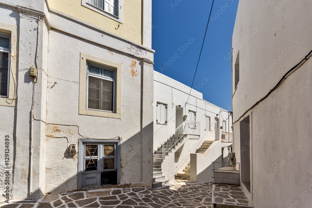 white houses with flowers in town of Parakia, Paros island, Cyclades, Greece