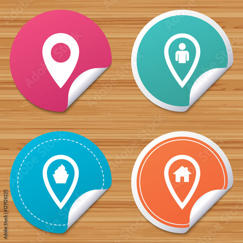 Round stickers or website banners. Map pointer icons. Home, food and user location symbols. Restaurant and cupcake signs. You are here. Circle badges with bended corner. Vector