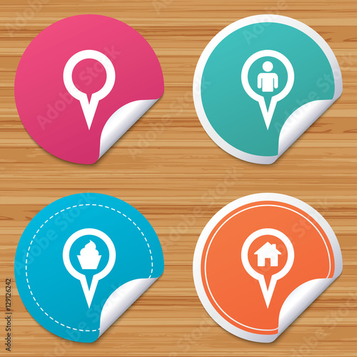 Round stickers or website banners. Map circle pointer icons. Home, food and user location symbols. Restaurant and cupcake signs. You are here. Circle badges with bended corner. Vector