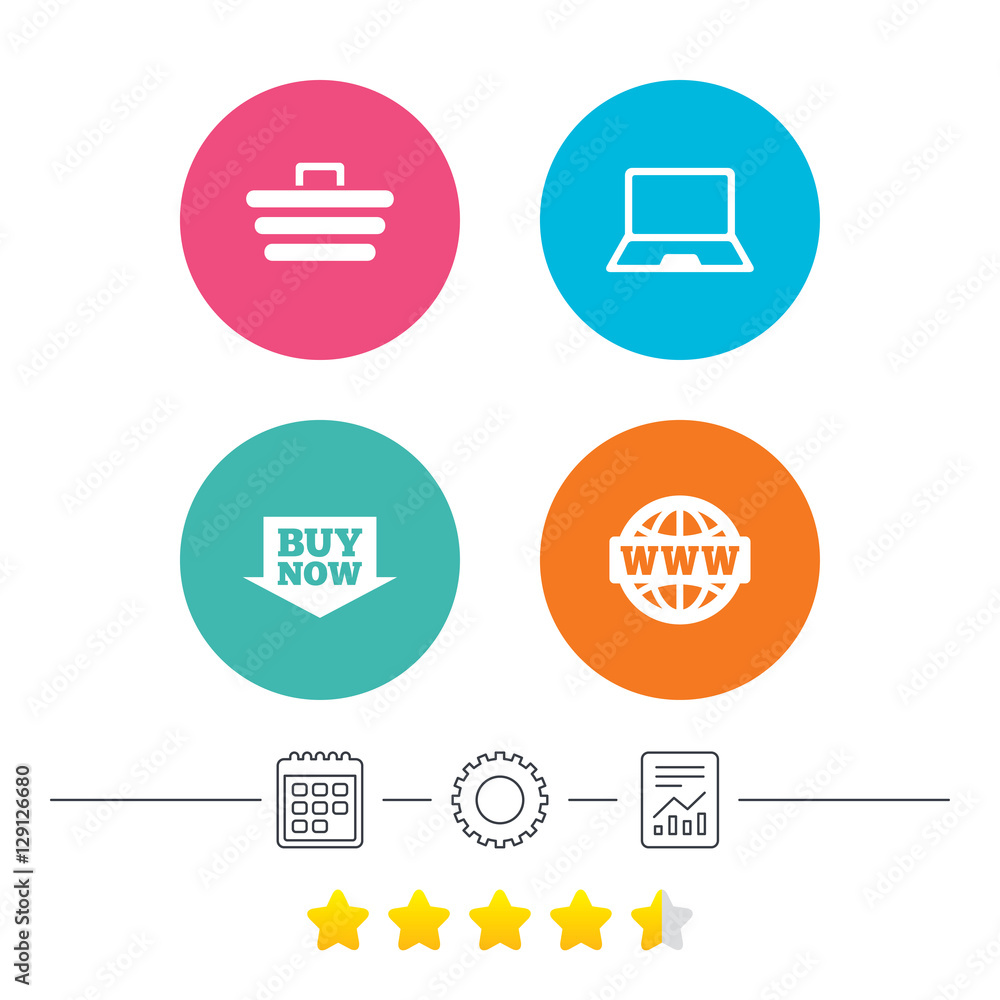 Online shopping icons. Notebook pc, shopping cart, buy now arrow and internet signs. WWW globe symbol. Calendar, cogwheel and report linear icons. Star vote ranking. Vector Online shopping icons. Notebook pc, shopping cart, buy now arrow and internet signs. WWW globe symbol. Calendar, cogwheel and report linear icons. Star vote ranking. Vector