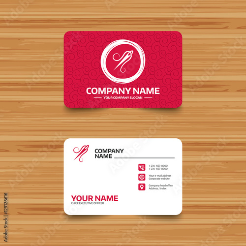 Business card template with texture. Needle with thread icon. Tailor symbol. Textile sew up craft sign. Embroidery tool. Phone, web and location icons. Visiting card  Vector