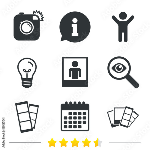Hipster photo camera icon. Flash light symbol. Photo booth strips sign. Human portrait photo frame. Information, light bulb and calendar icons. Investigate magnifier. Vector