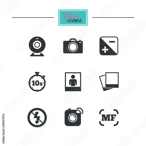 Photo, video icons. Web camera, photos and frame signs. No flash, timer and portrait symbols. Black flat icons. Classic design. Vector