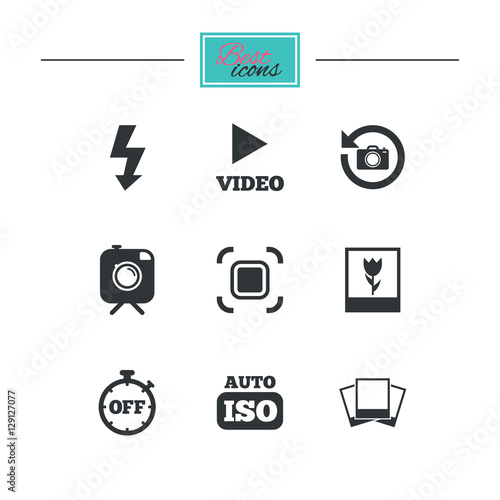 Photo, video icons. Camera, photos and frame signs. Flash, timer and macro symbols. Black flat icons. Classic design. Vector