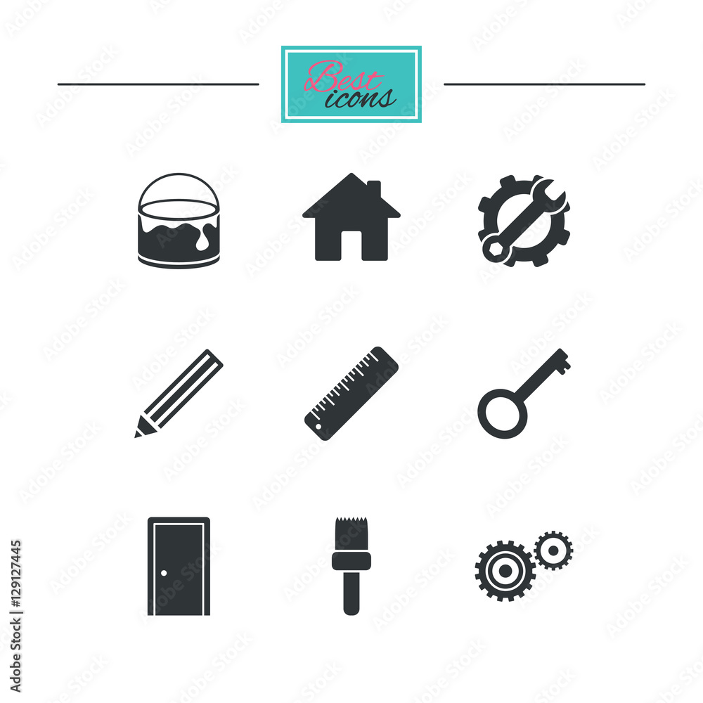 Repair, construction icons. Service, key and door signs. Painting, brush and pencil symbols. Black flat icons. Classic design. Vector Repair, construction icons. Service, key and door signs. Painting, brush and pencil symbols. Black flat icons. Classic design. Vector