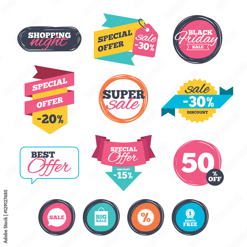 Obraz premium Sale stickers, online shopping. Sale speech bubble icon. Discount star symbol. Big sale shopping bag sign. First month free medal. Website badges. Black friday. Vector