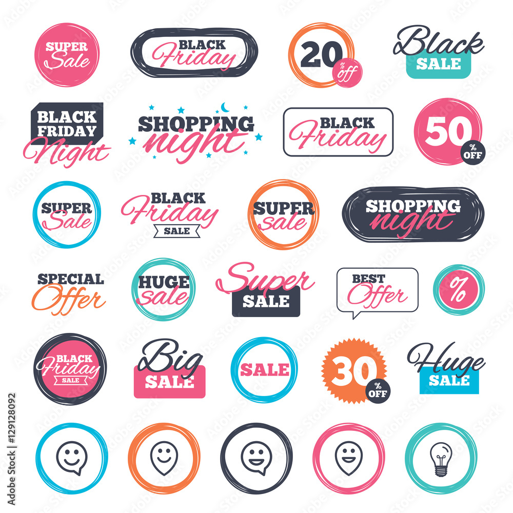 Sale shopping stickers and banners. Happy face speech bubble icons. Smile sign. Map pointer symbols. Website badges. Black friday. Vector
