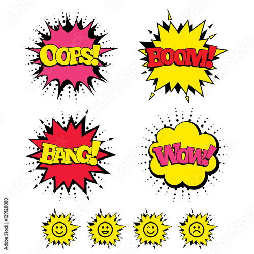 Comic Boom, Wow, Oops sound effects. Smile icons. Happy, sad and wink faces symbol. Laughing lol smiley signs. Speech bubbles in pop art. Vector