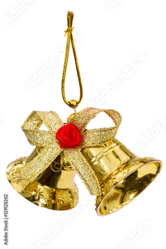 Golden Christmas bells, isolated on white background © kostiuchenko