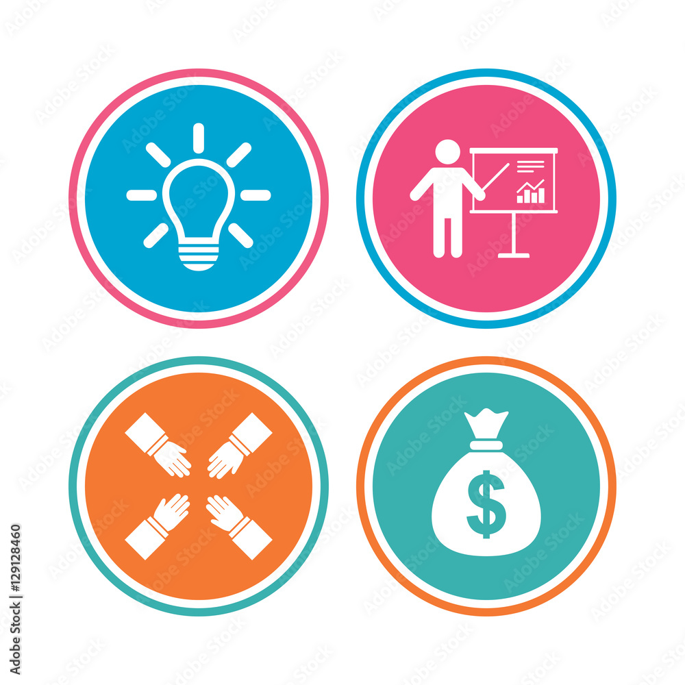 Presentation billboard icon. Dollar cash money and lamp idea signs. Man standing with pointer. Teamwork symbol. Colored circle buttons. Vector Presentation billboard icon. Dollar cash money and lamp idea signs. Man standing with pointer. Teamwork symbol. Colored circle buttons. Vector