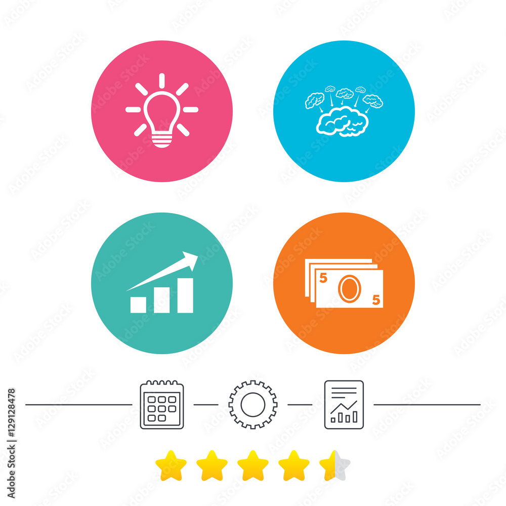 Chart with arrow, brainstorm icons. Cash money and lamp idea signs. Scheme and Diagram symbol. Calendar, cogwheel and report linear icons. Star vote ranking. Vector Chart with arrow, brainstorm icons. Cash money and lamp idea signs. Scheme and Diagram symbol. Calendar, cogwheel and report linear icons. Star vote ranking. Vector