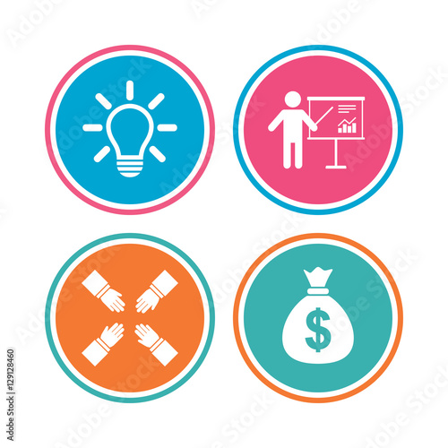 Presentation billboard icon. Dollar cash money and lamp idea signs. Man standing with pointer. Teamwork symbol. Colored circle buttons. Vector
