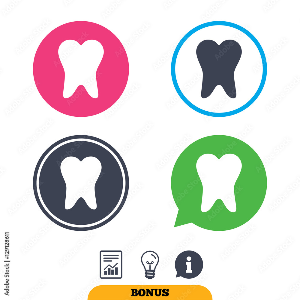 Tooth sign icon. Dental care symbol. Report document, information sign and light bulb icons. Vector Tooth sign icon. Dental care symbol. Report document, information sign and light bulb icons. Vector