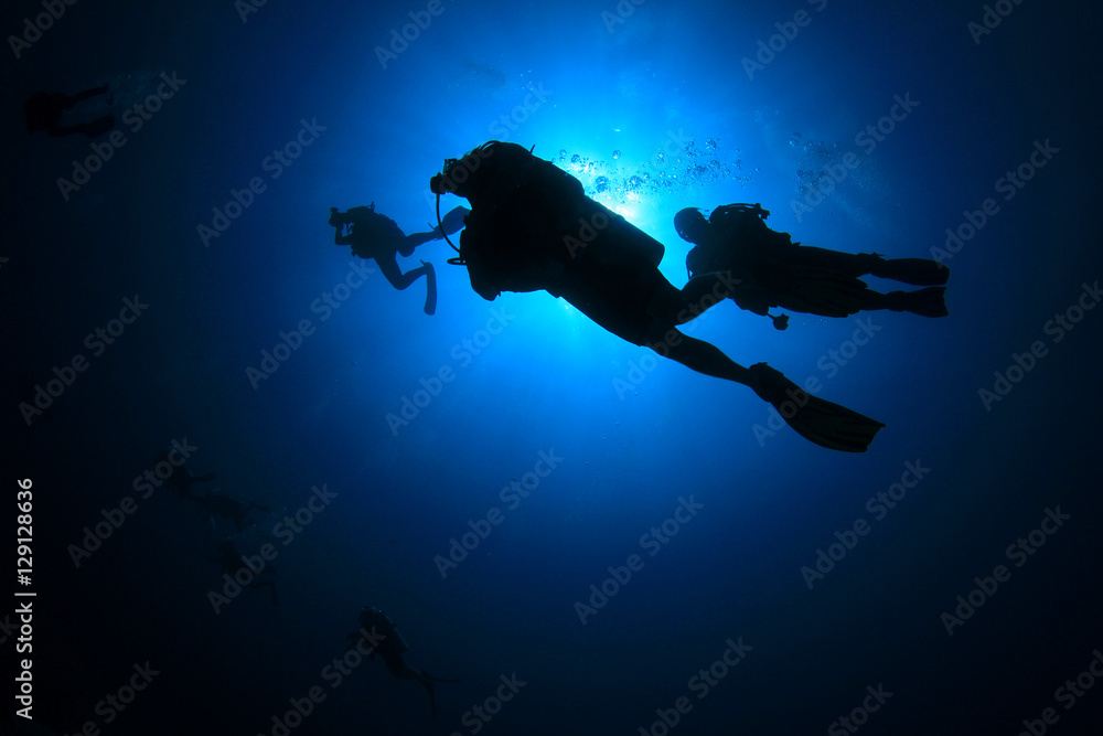 Scuba divers diving on coral reef underwater Scuba divers diving on coral reef underwater