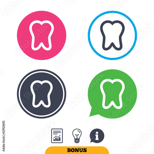 Tooth sign icon. Dental care symbol. Report document, information sign and light bulb icons. Vector