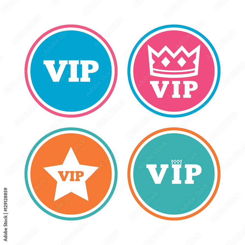 VIP icons. Very important person symbols. King crown and star signs. Colored circle buttons. Vector
