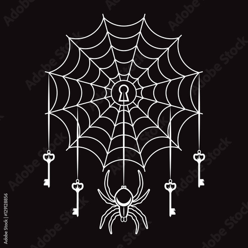 Vector spider web and keys lock on a black background.