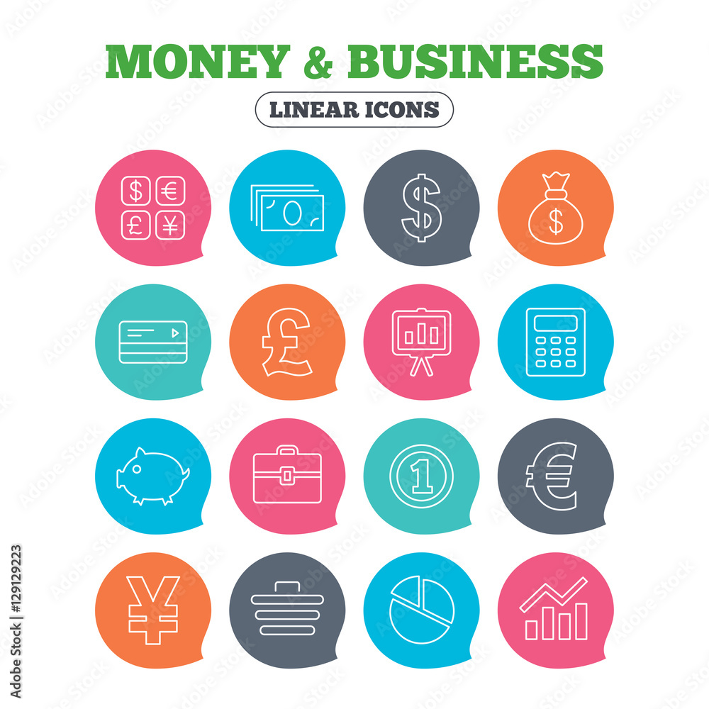 Money and business icons. Cash and cashless money. Usd, eur, gbp and ...