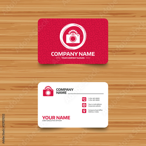Business card template with texture. Photo camera sign icon. Photo flash symbol. Phone, web and location icons. Visiting card  Vector