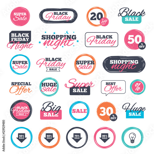 Sale shopping stickers and banners. Sale arrow tag icons. Discount special offer symbols. 50%, 60%, 70% and 80% percent sale signs. Website badges. Black friday. Vector
