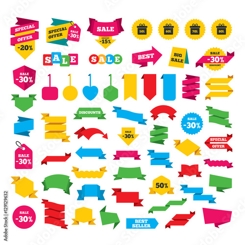 Web stickers, banners and labels. Sale gift box tag icons. Discount special offer symbols. 50%, 60%, 70% and 80% percent discount signs. Special offer tags. Vector