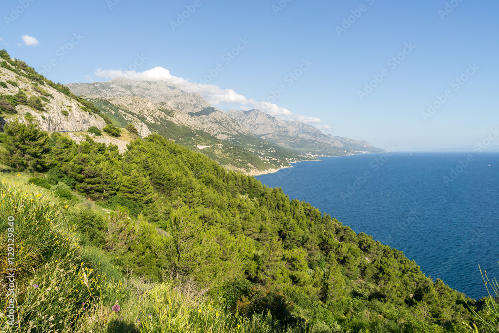 The green and mountainous coastline of Croatia and the blue Adriatic Sea.