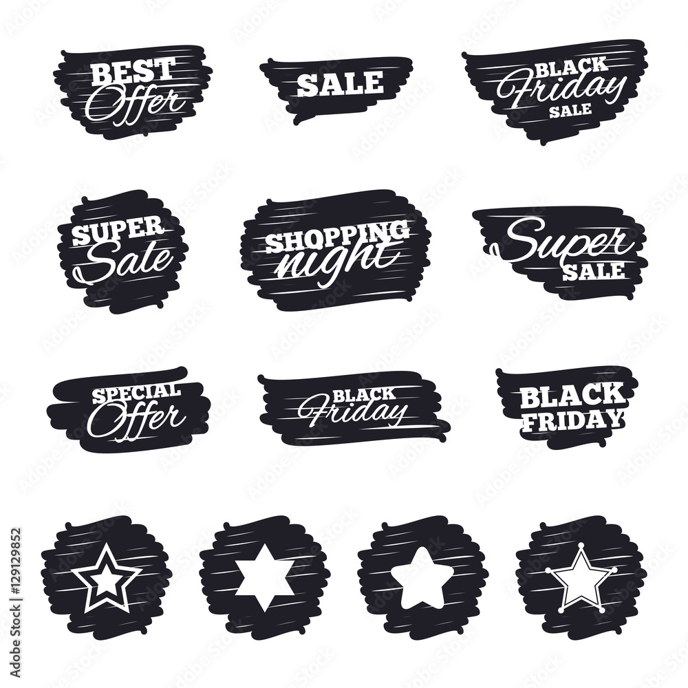 Ink brush sale stripes and banners. Star of David icons. Sheriff police sign. Symbol of Israel. Black friday. Ink stroke. Vector
