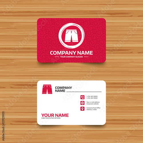 Business card template with texture. Men's Bermuda shorts sign icon. Clothing symbol. Phone, web and location icons. Visiting card  Vector