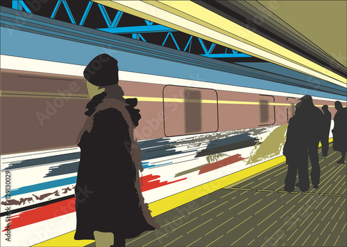 vector illustration of a scene in one of Vancouver metro/skytrain station with people waiting on the station platform