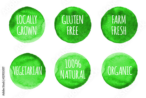 Natural, organic food, bio, eco labels and shapes on white background. Hand drawn watercolor stains set