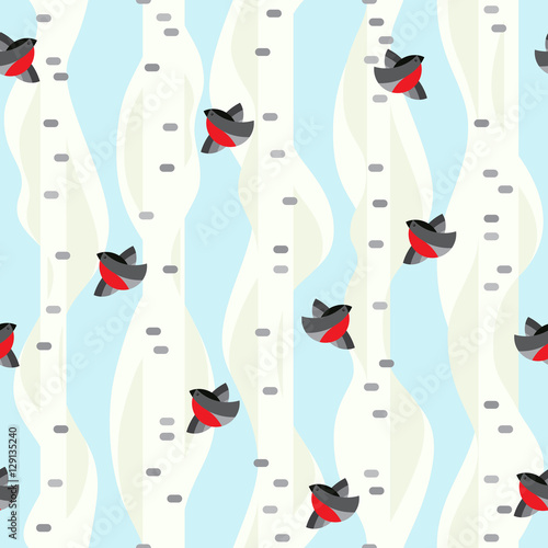 Seamless vector pattern. Winter birch trees with flying birds. Bullfinshes
