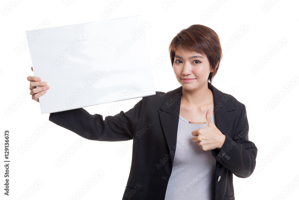 Young Asian business woman show thumbs up with white blank sign Young Asian business woman show thumbs up with white blank sign