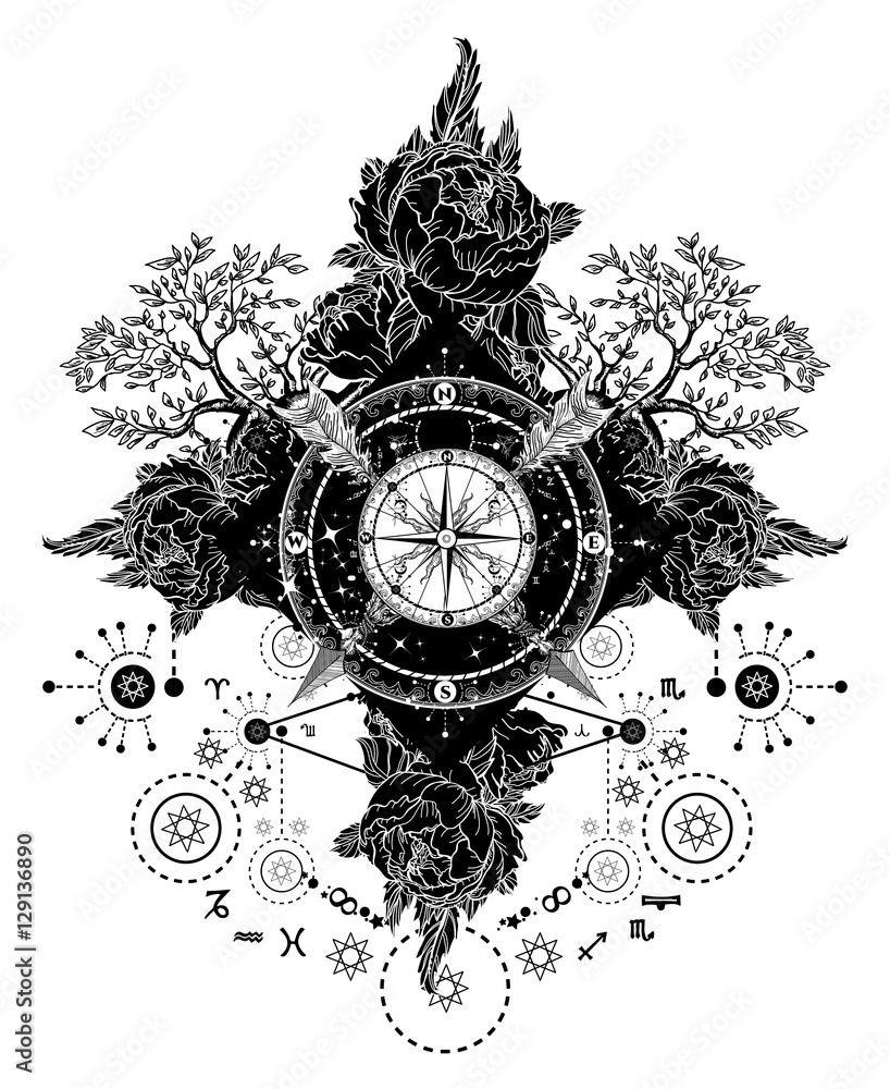 Tattoo art. Compass, crossed arrows, roses, evergreen tree Stock Vector |  Adobe Stock